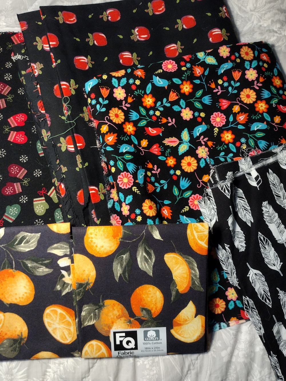 Fabric Bundle Print On Black Feathers Flowers Apples Cotton Joann's